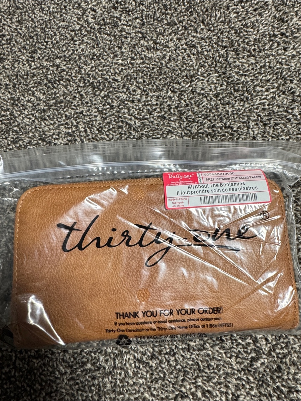 NWT thirty-one All About the Benjamins Caramel Brown Zip Wallet